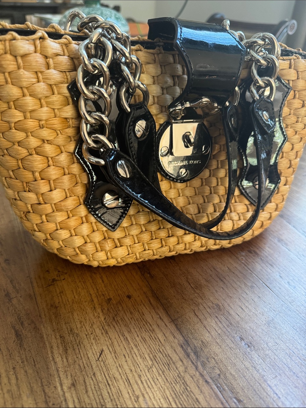 Michael Kors Straw Tote with Black Patent Trim and Silver Hardware - a bit heavy